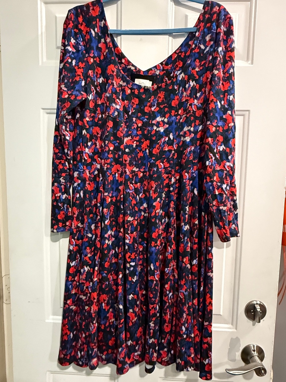 Anthropologie Navy Long-Sleeve Floral Midi Dress with Red and Blue Blooms